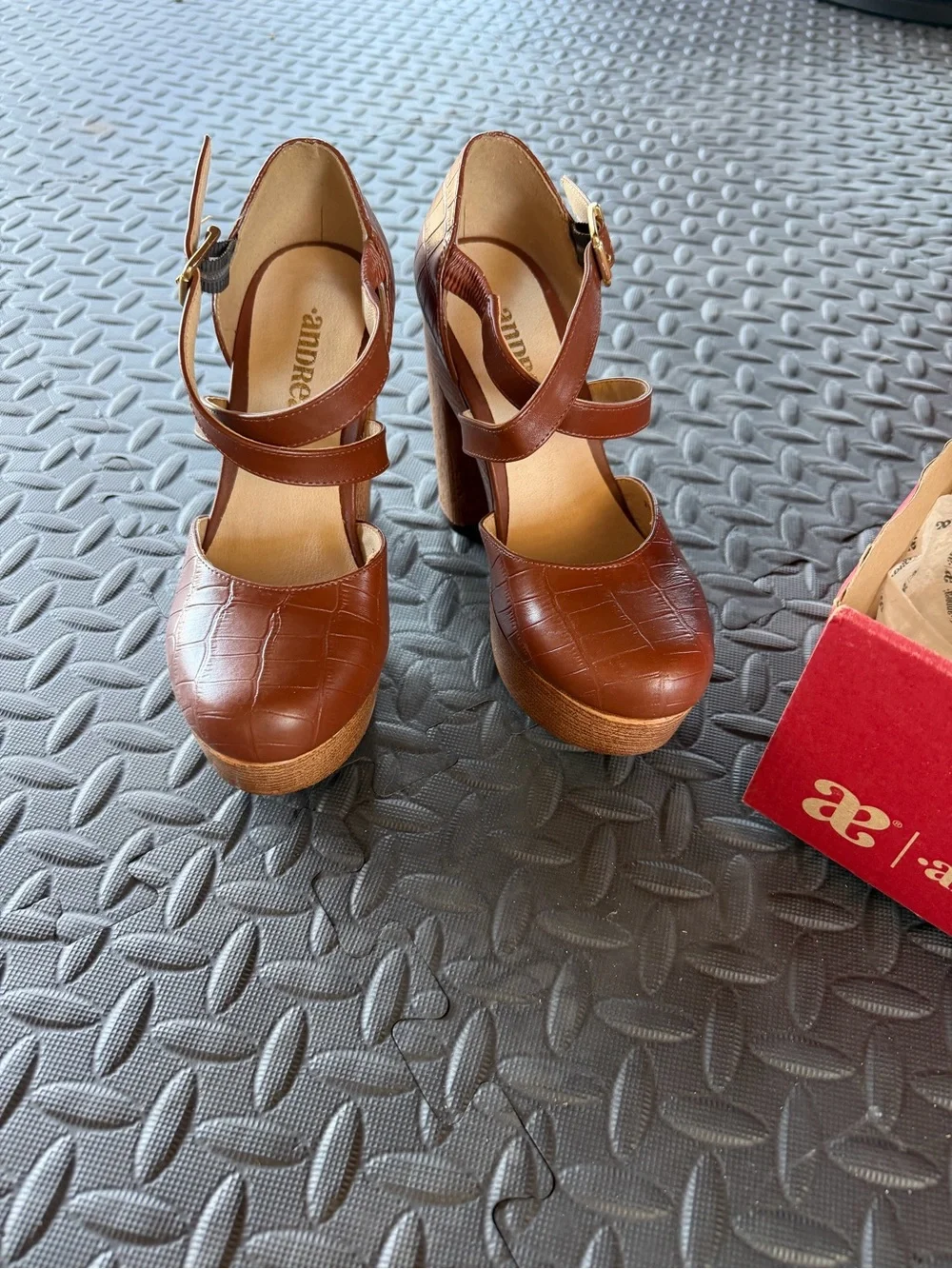 Andrea - Cognac Brown Croc-Embossed Platform Wedge Sandals